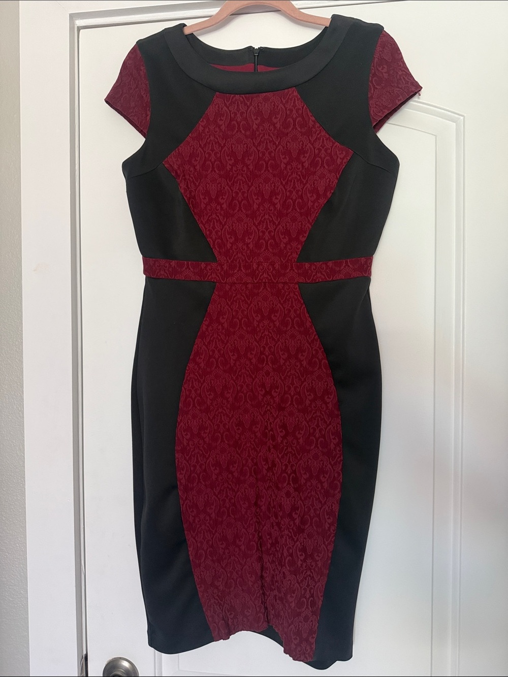 Signature by Sangria Black and Burgundy Cap-Sleeve Sheath Dress